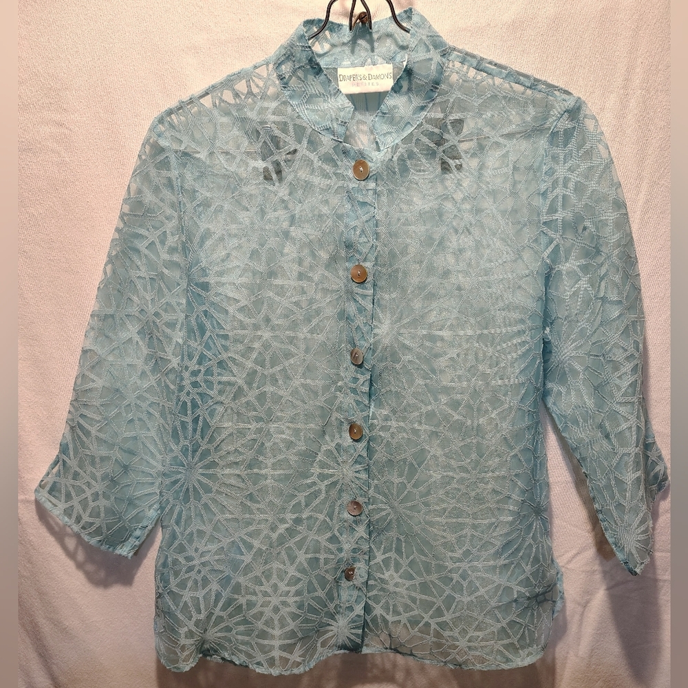 Draper's & Damon's Sheer Lace Light Blue Blouse Size Petite Small